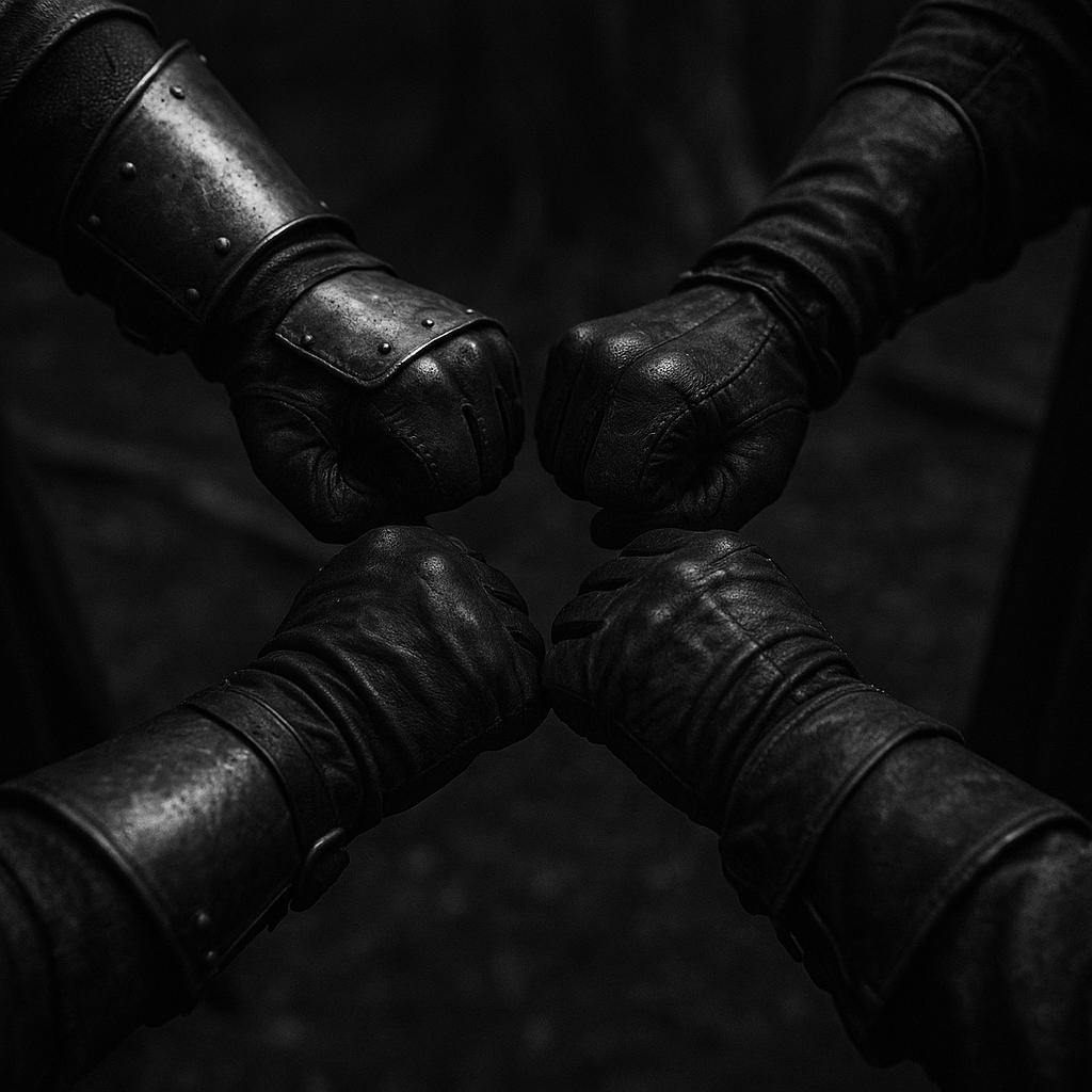 Figures gathered around a campfire in darkness