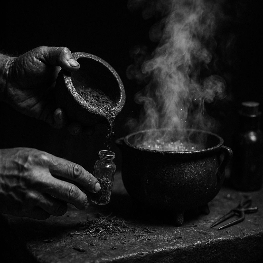 A blacksmith hammering at an anvil by firelight