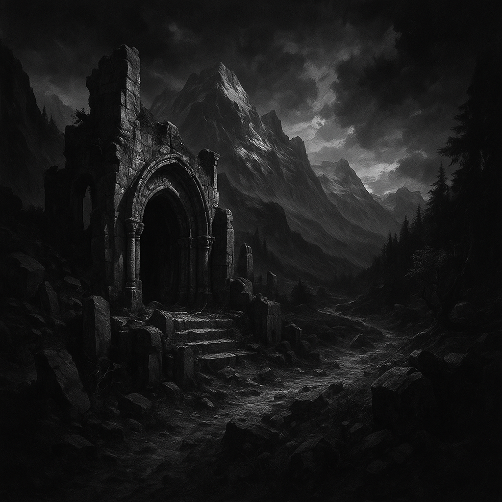 A dark ruined archway in a mountain valley